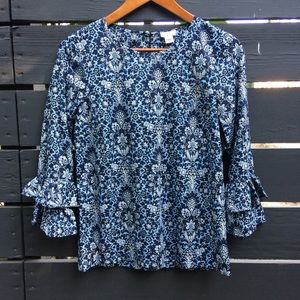 J. Crew Blue Indian flower 3/4 tiered sleeve top